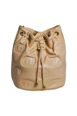 embossed-logo-leather-bucket-bag-camel