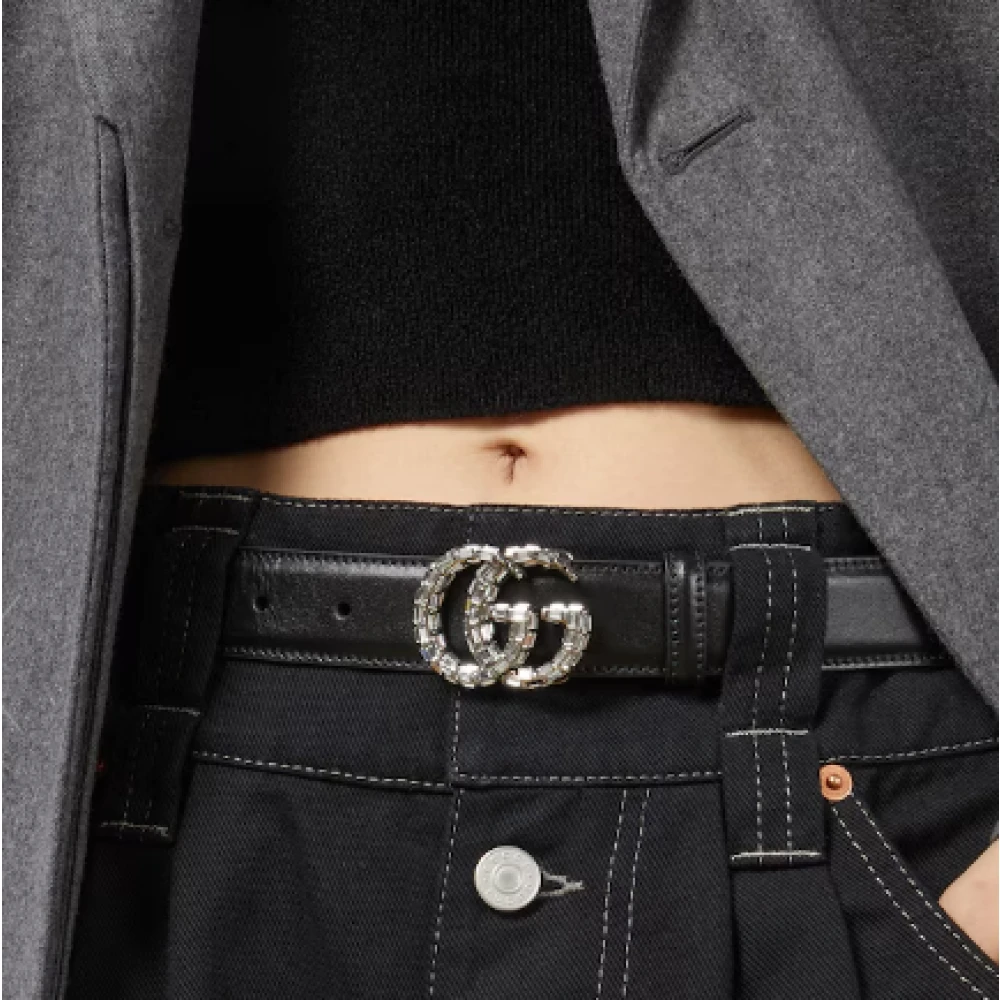 Gucci Kristal Dubbele G Zwarte Leren Riem Black Dames