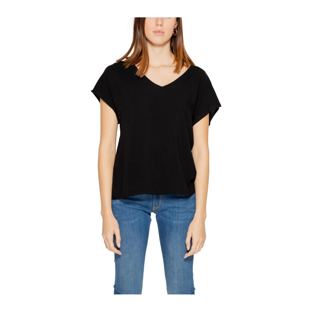 Jacqueline de Yong Zwarte V-hals korte mouw gebreide top Black Dames