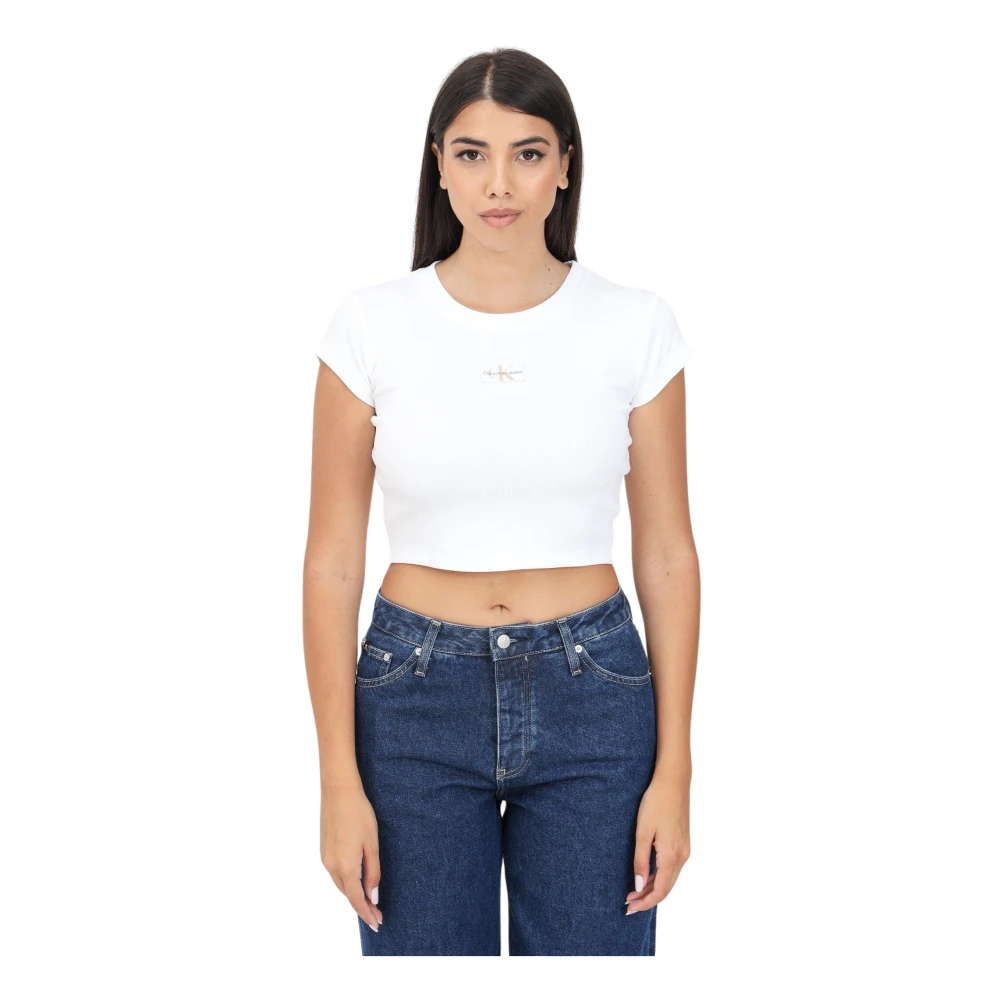 Calvin Klein Jeans Wit Geribbeld Katoenen T-shirt Logo Patch White Dames