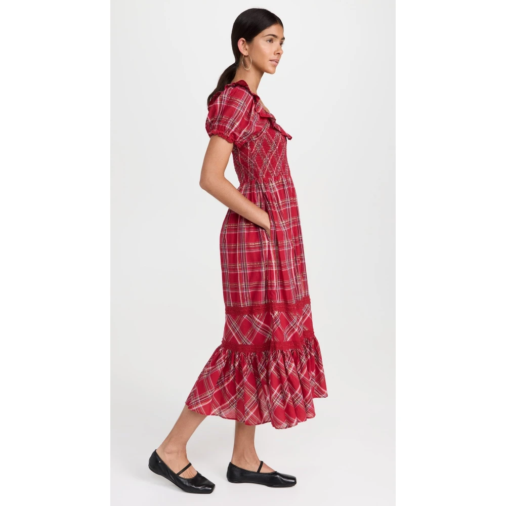 Loveshackfancy Gerania Jurk met Ruches in Ruit Red Dames