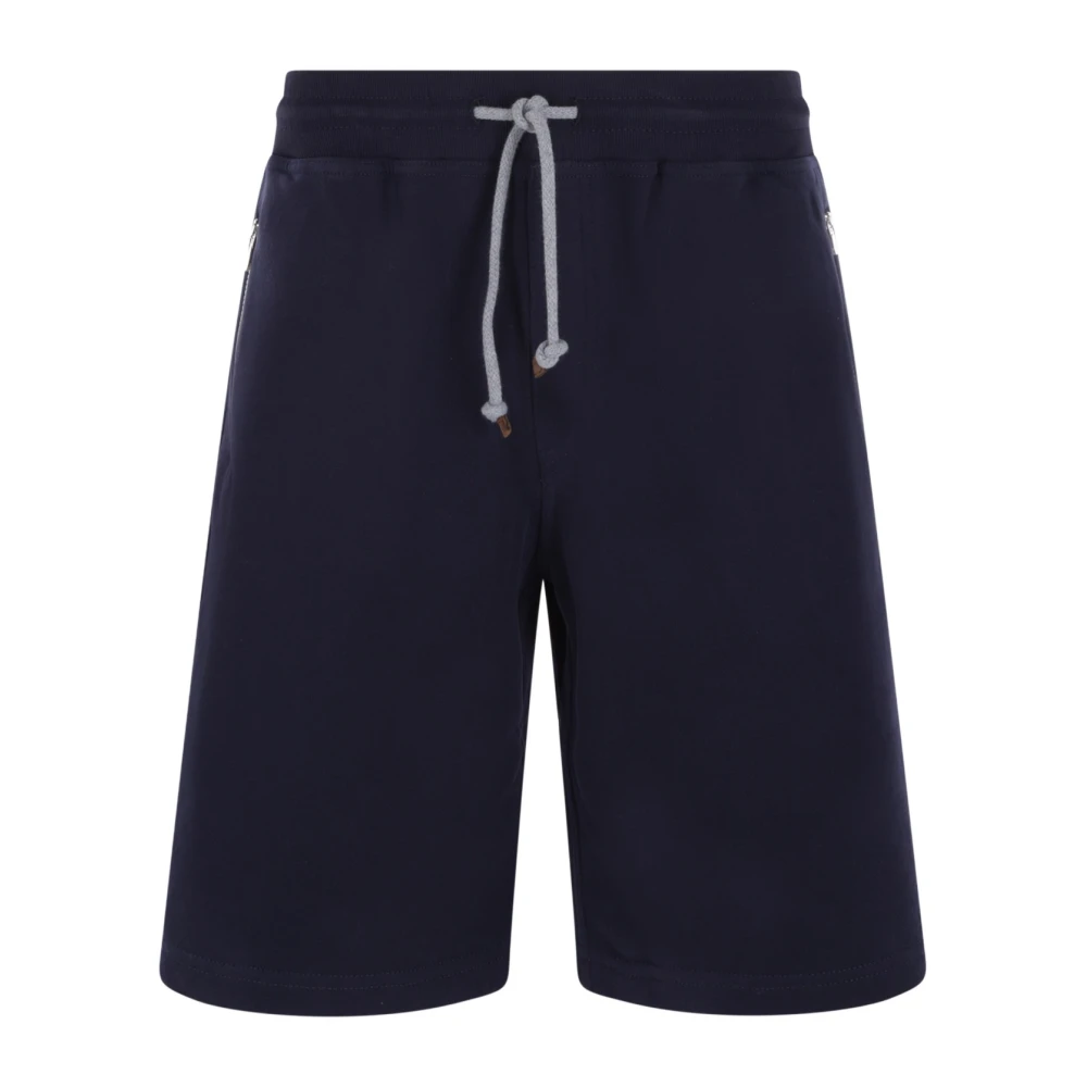 BRUNELLO CUCINELLI Blauwe Jersey Katoenen Shorts met Elastische Tailleband en Ritssluiting Zakken Blue Heren