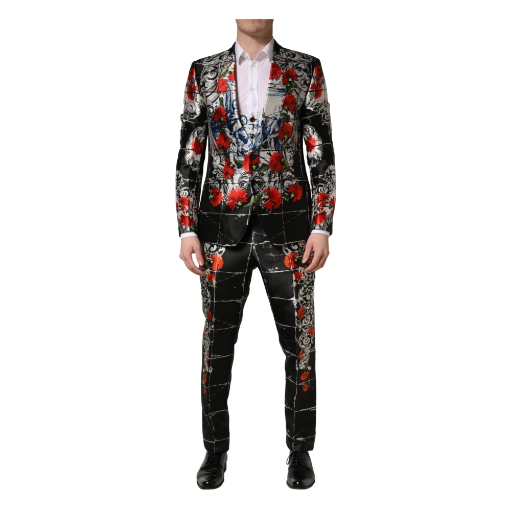 Dolce & Gabbana Multicolor Single Breasted Suits, Male, L, Black Floral 2 Buttons Formal 3 Piece Suit