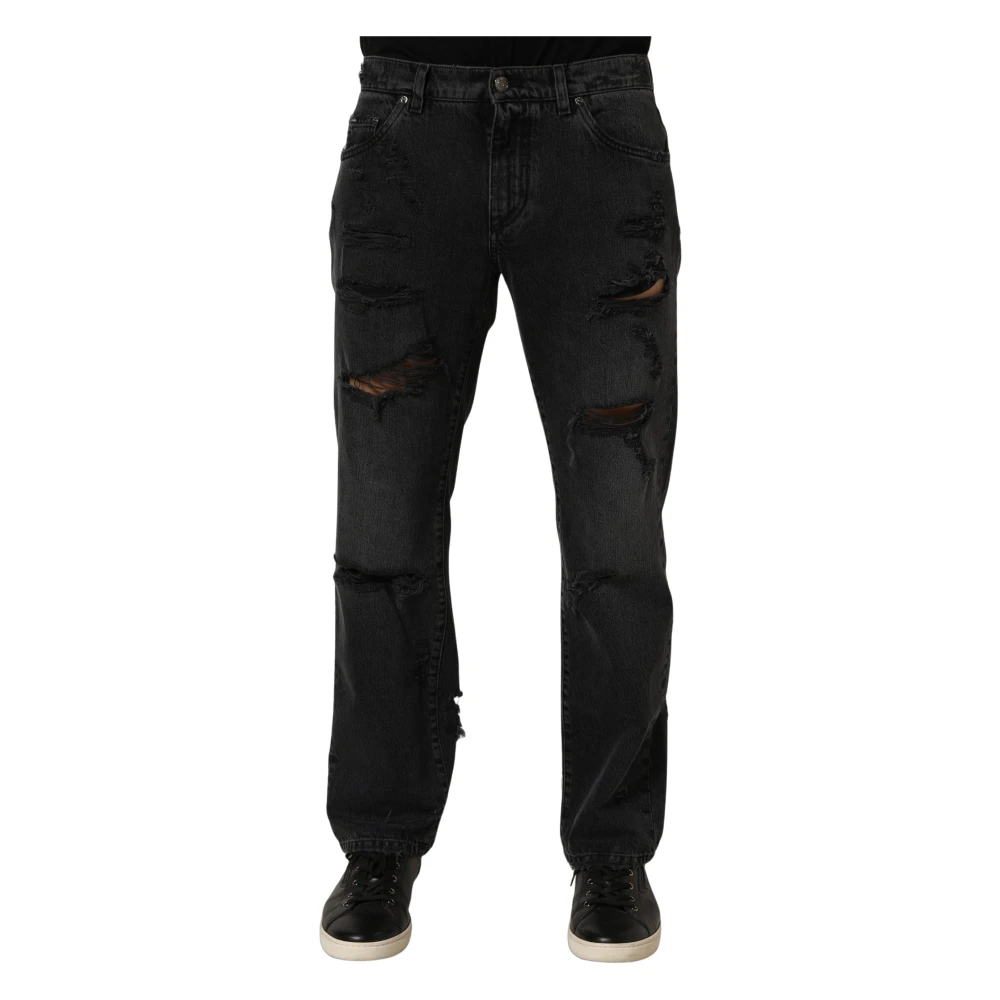 Dolce & Gabbana , Straight Fit Jeans, Male, Gray, M, Dark Gray Cotton Ripped Men Denim Jeans - Image 1