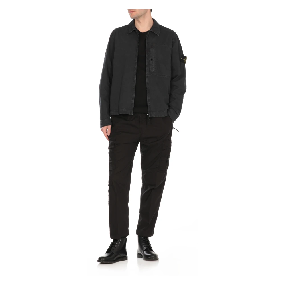 Stone Island Blauw Katoenen Overhemd met Kraag en Logo Patch Blue Heren