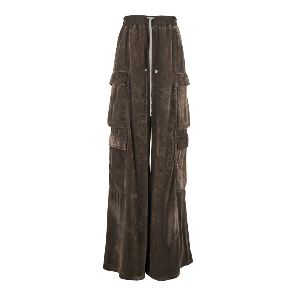 Rick Owens Women's Brown Wide Trousers, S, Velvet Cargo Trousers Drawstring Waist