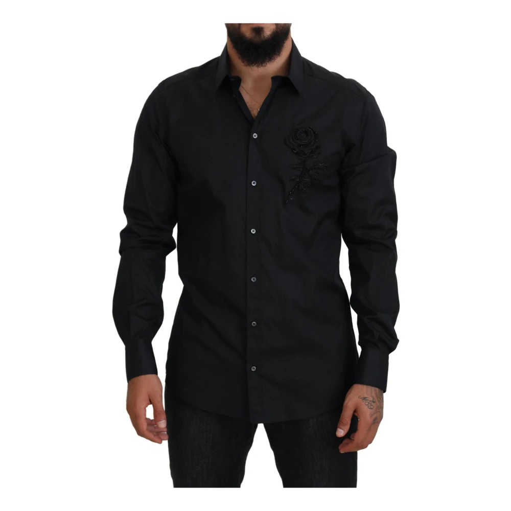Dolce & Gabbana Men's Black Casual Shirts,, Rose Embroidered Shirt Extra Large