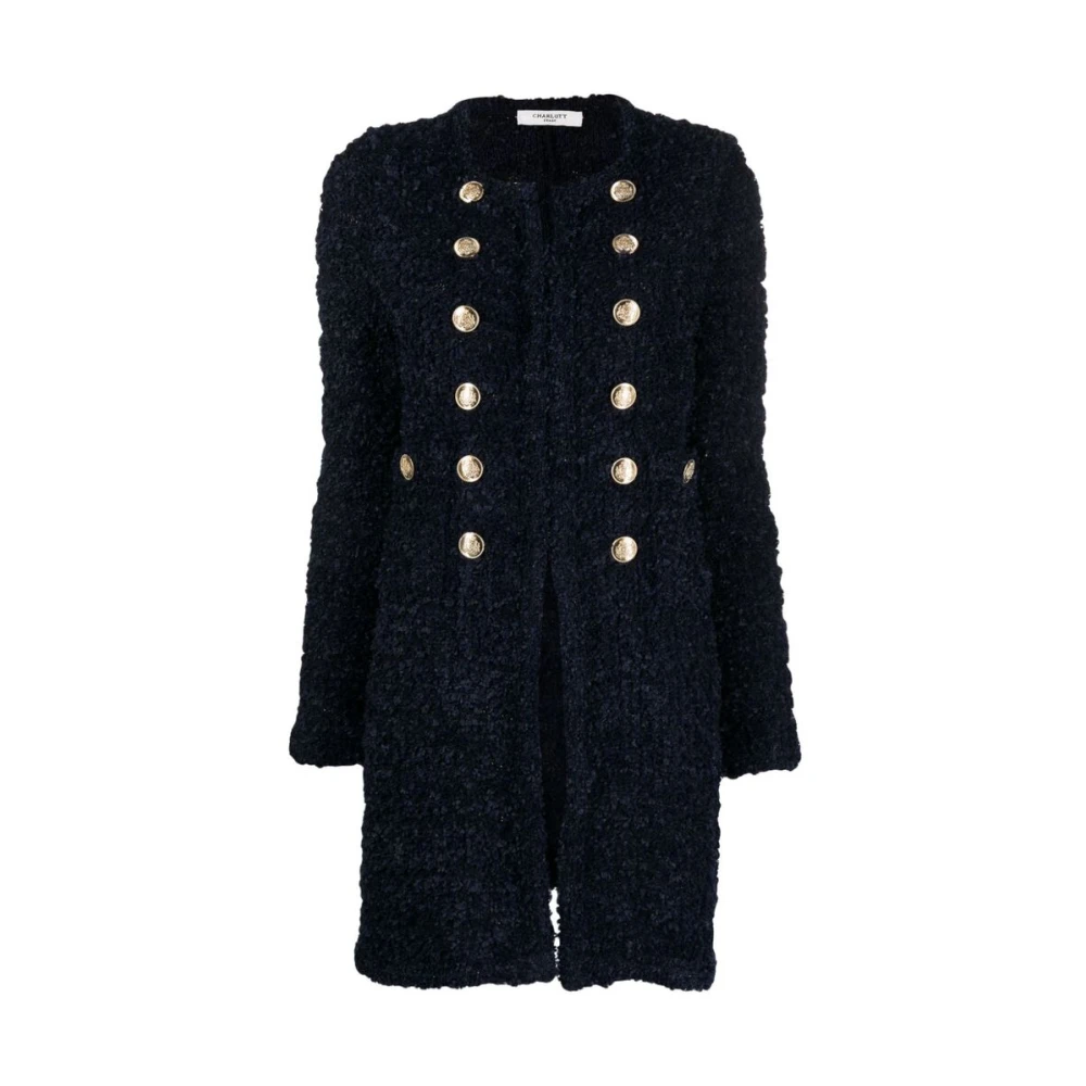 Charlott Navy Blue Bouclé Double-Breasted Jas Blue Dames