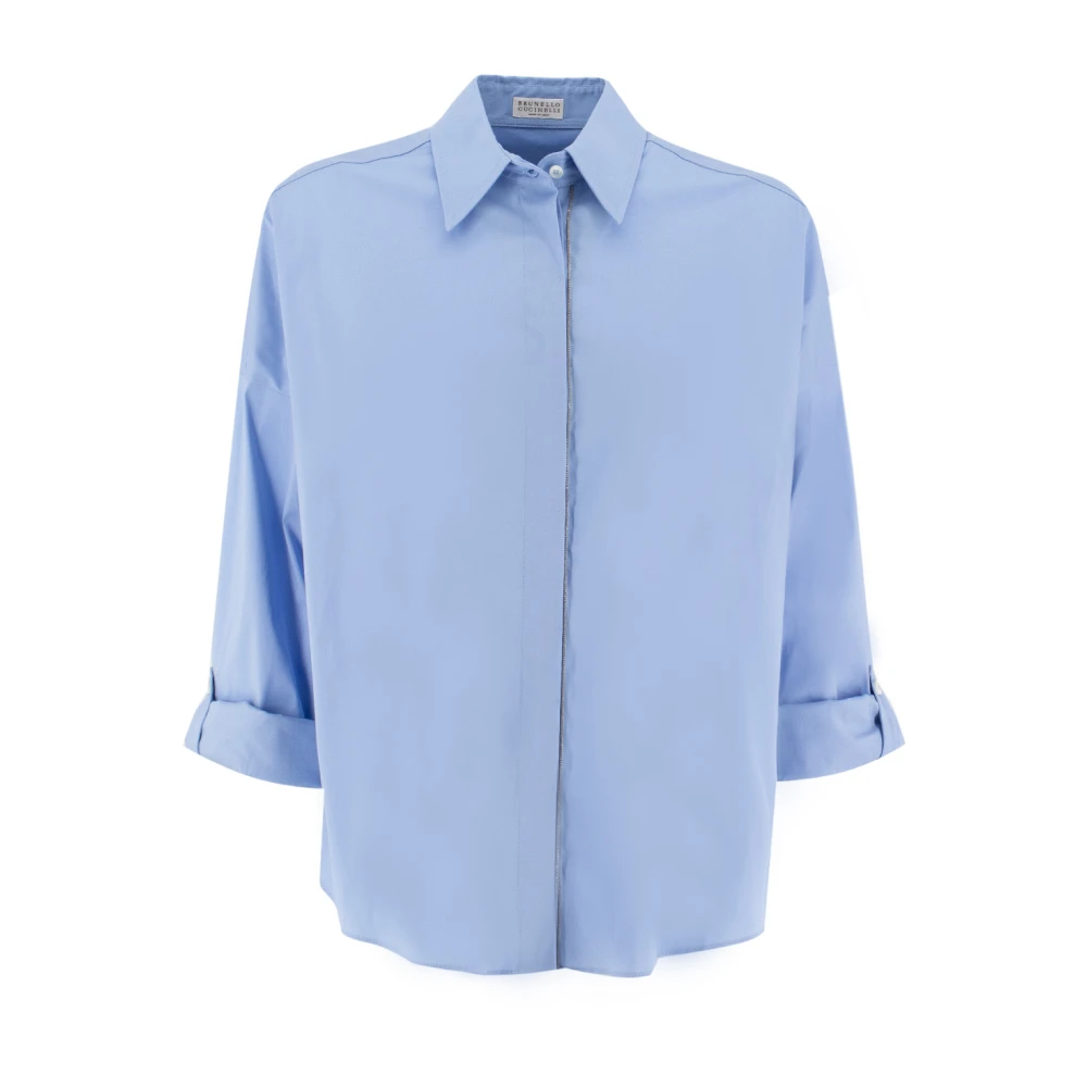 BRUNELLO CUCINELLI Stretch Katoen Poplin Juweel Shirt Blue Dames