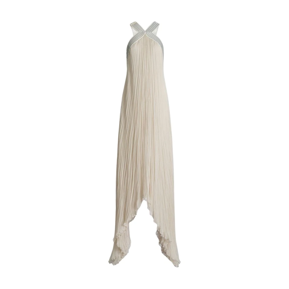 Alberta Ferretti Beige Gowns, Female, Xs, Plissé Chiffon Gown With Metallic Embroidered Collar