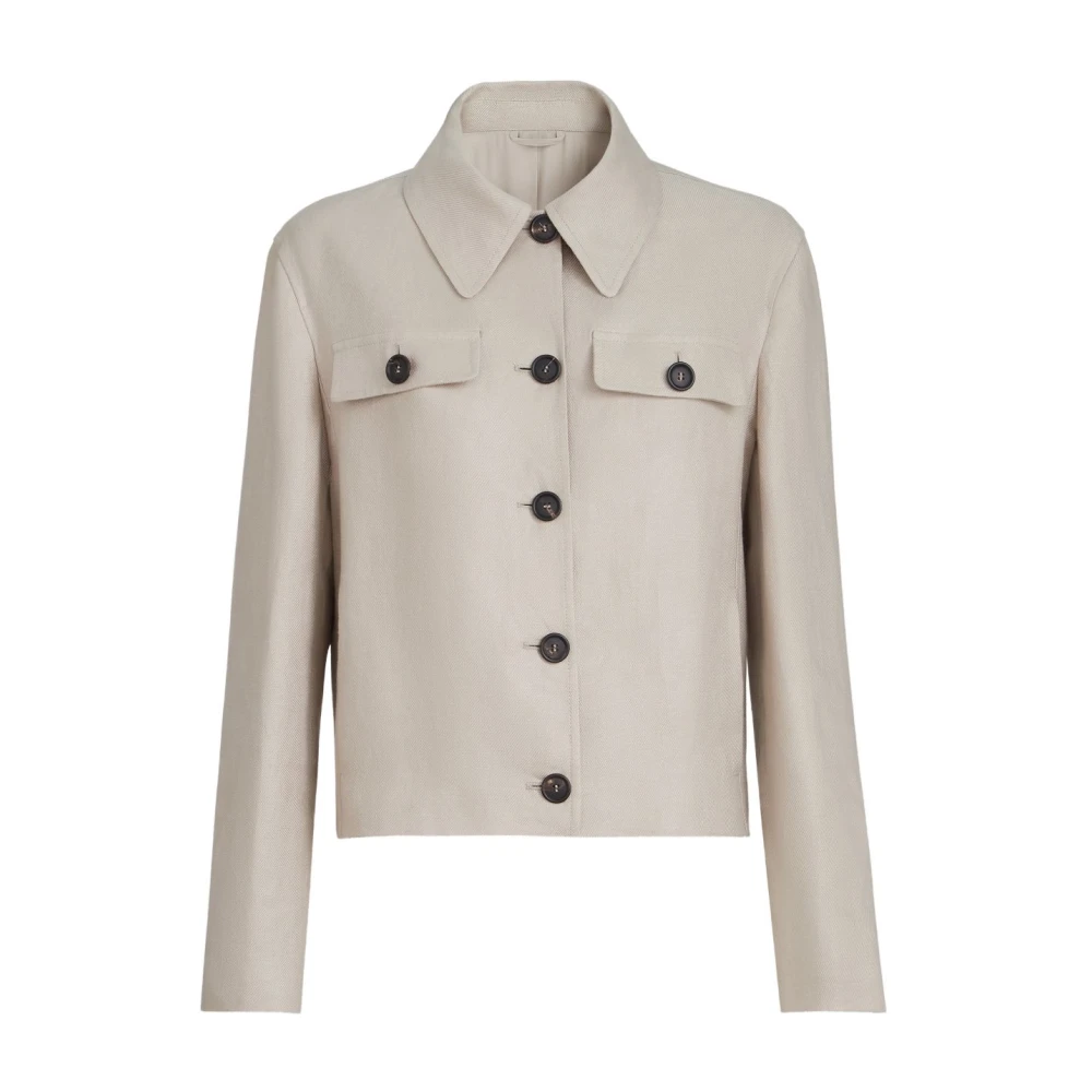 Brunello Cucinelli Beige Linen Diagonal Jacket With Monili - Female - Light Jackets - L - Jackets