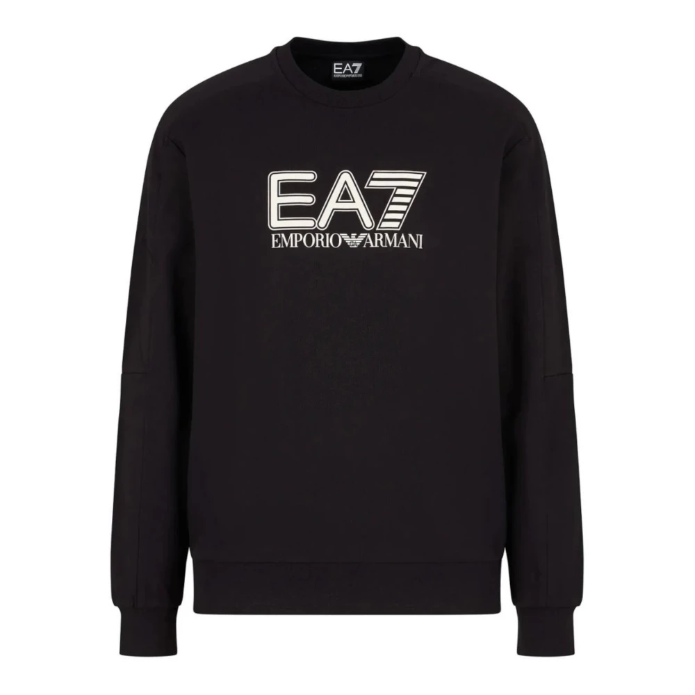 Emporio Armani EA7 Svart Bomull Crewneck Sweatshirt med Front Logo Bokstäver Black, Herr