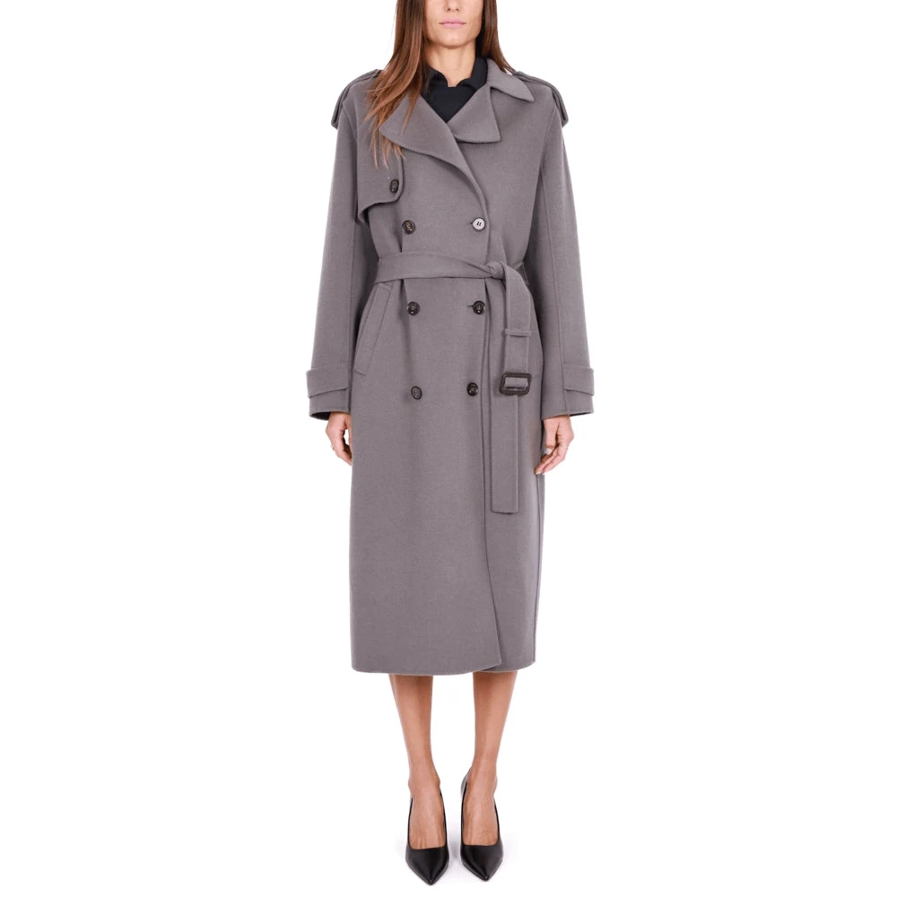 Elisabetta Franchi Grijze Wol Lange Double-Breasted Jas Gray Dames