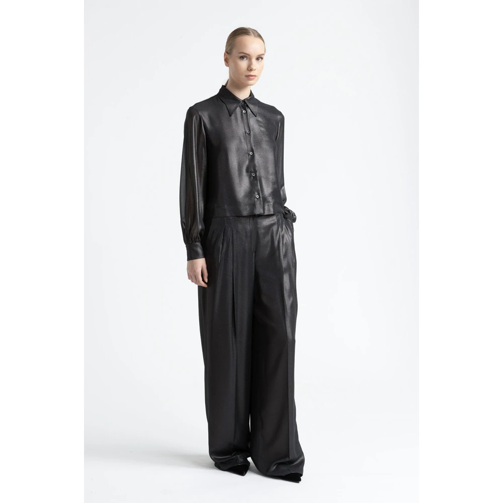 PESERICO Gelamineerde georgette palazzo broek Black Dames