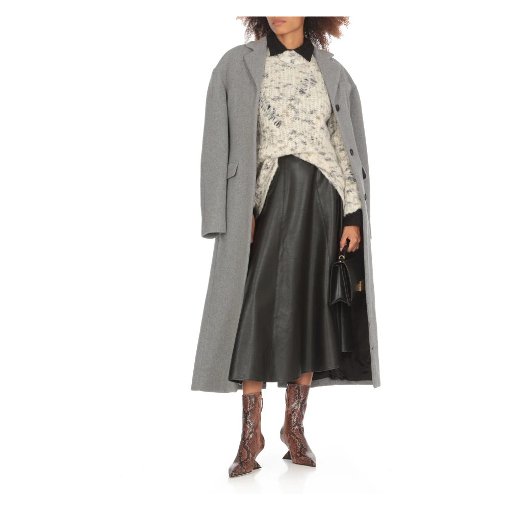 Msgm Grijze Wollen Jas Peak Revers Gray Dames