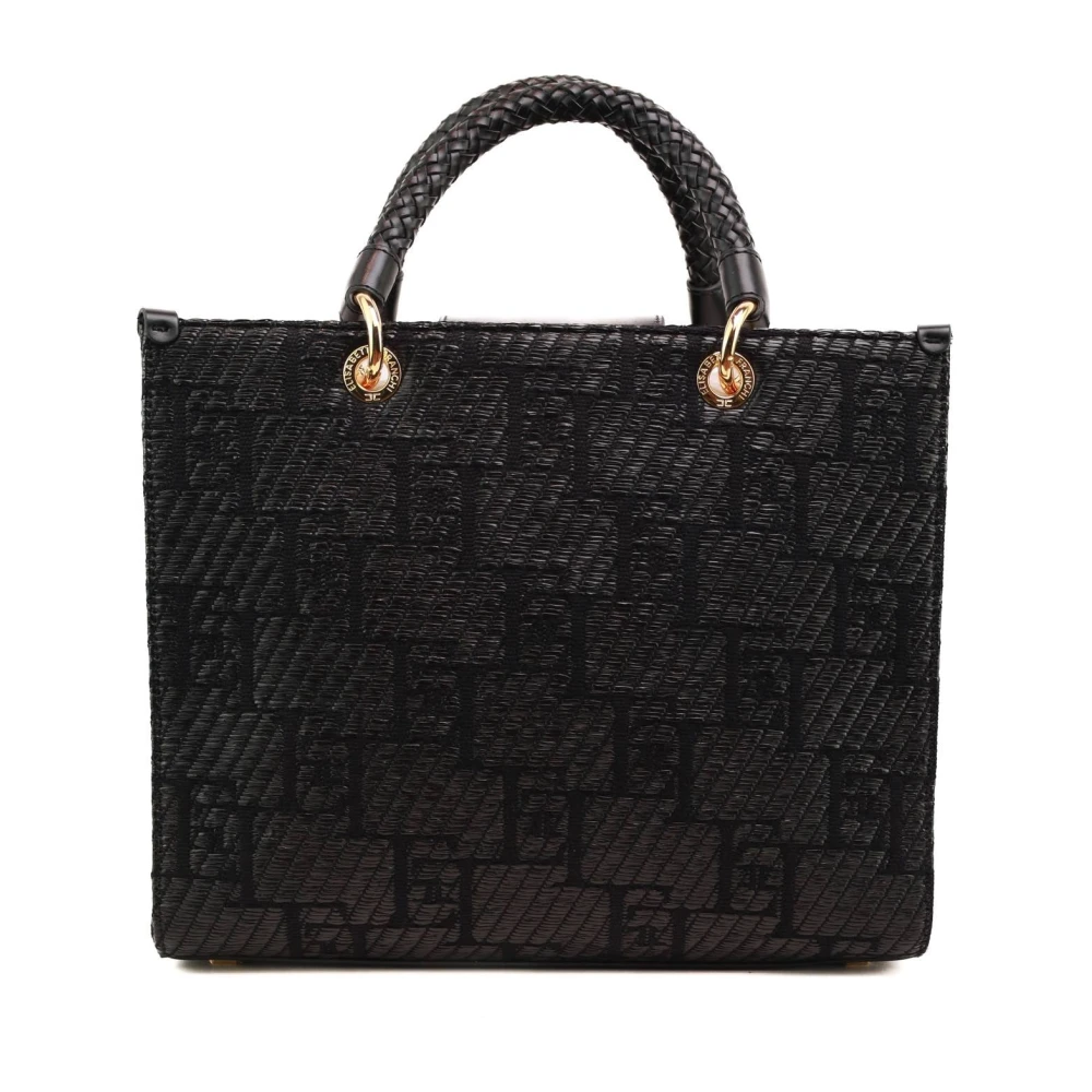 Elisabetta Franchi Rafia Jacquard Shopper Tas met Logo Black Dames