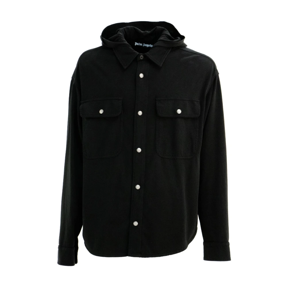 Palm Angels Mannelijk Zwart Overhemden Heren, S, Katoen, Logo Hooded Overshirt