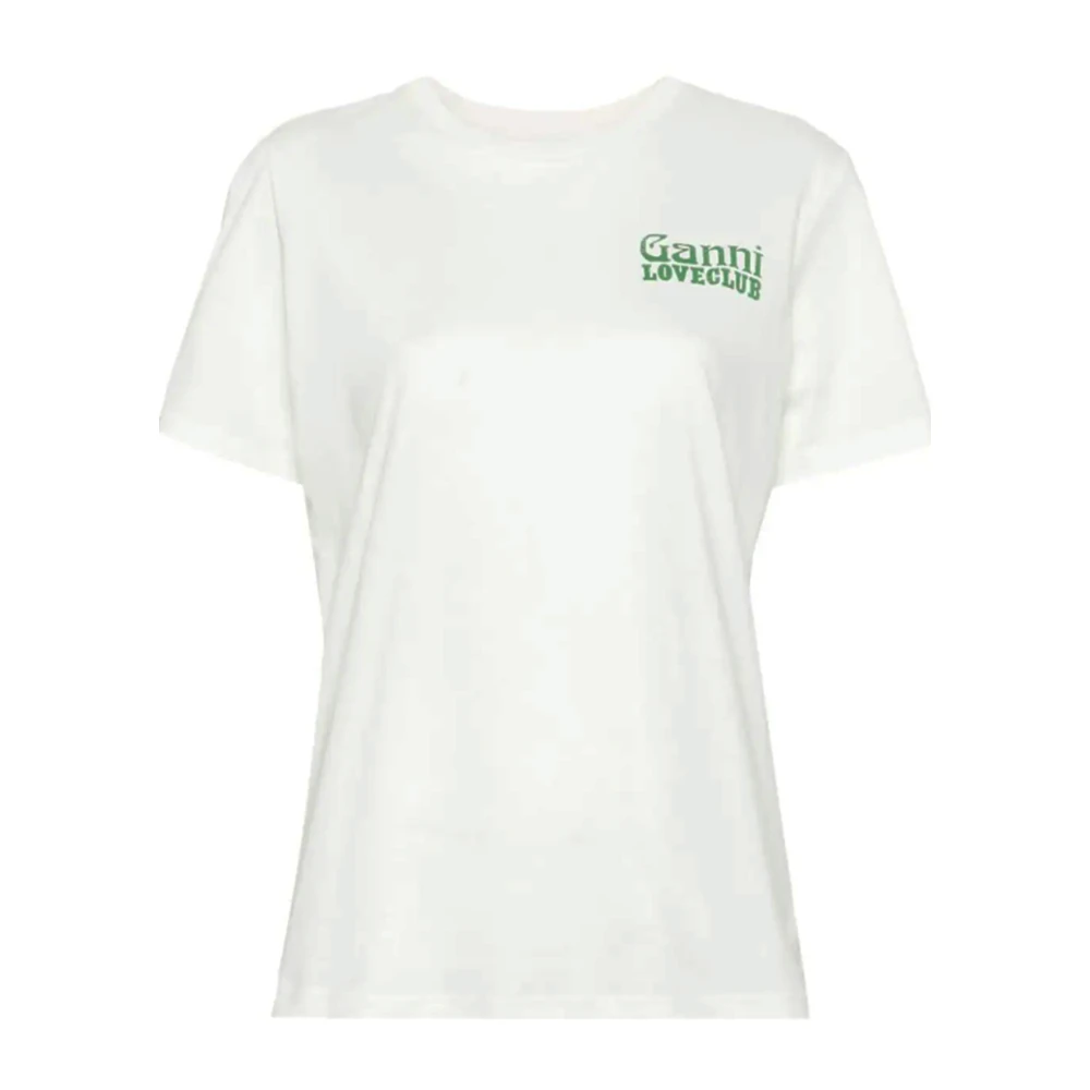 Ganni Wit Katoen Logo Print Crew Neck T-shirt White Dames