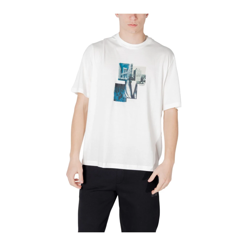 Armani Exchange Men's Beige T-Shirts,, Print Cotton T-Shirt Large