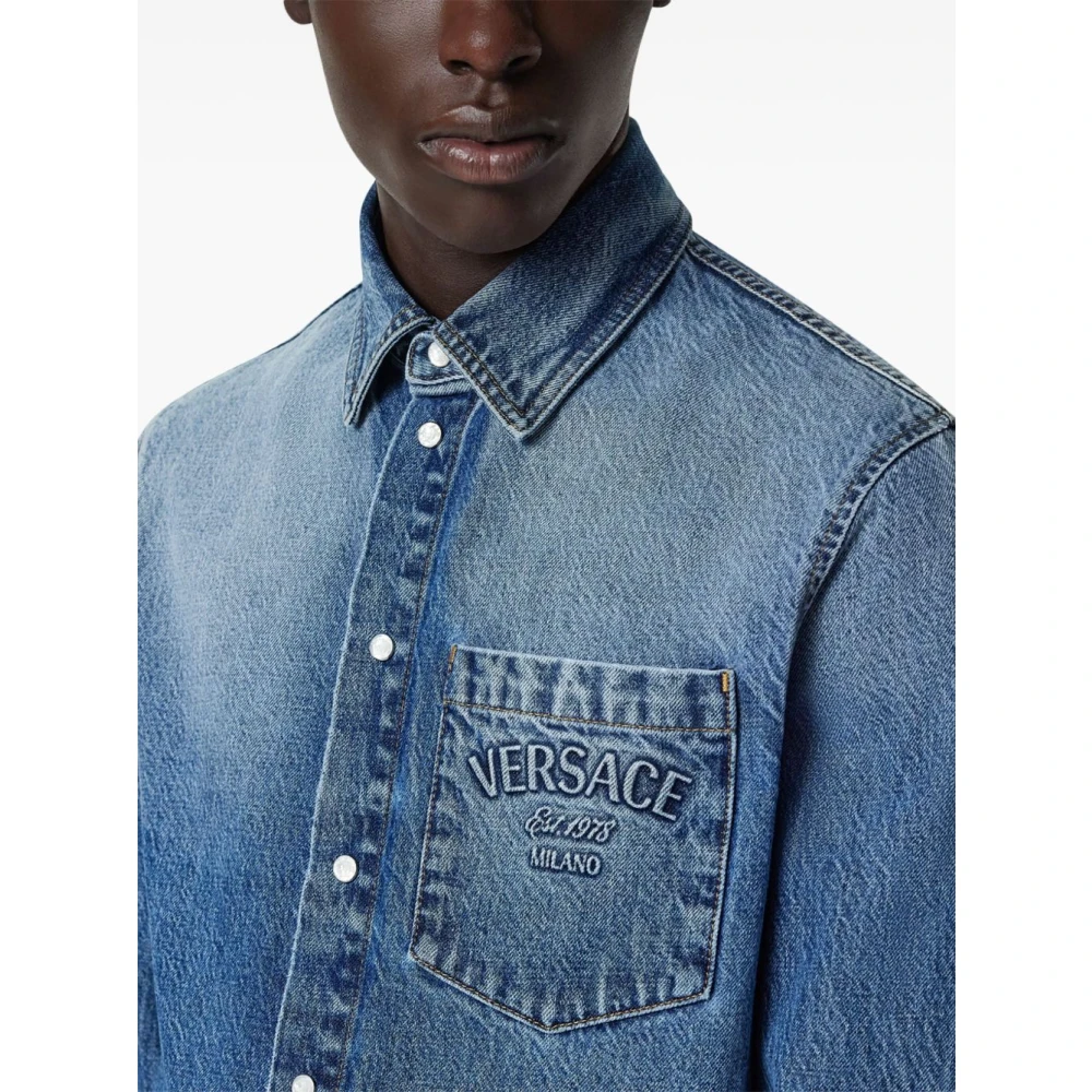 Versace Denim Logo Geëtst Shirt Blue Heren