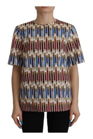 White Pencil Print Cotton T-shirt Blouse