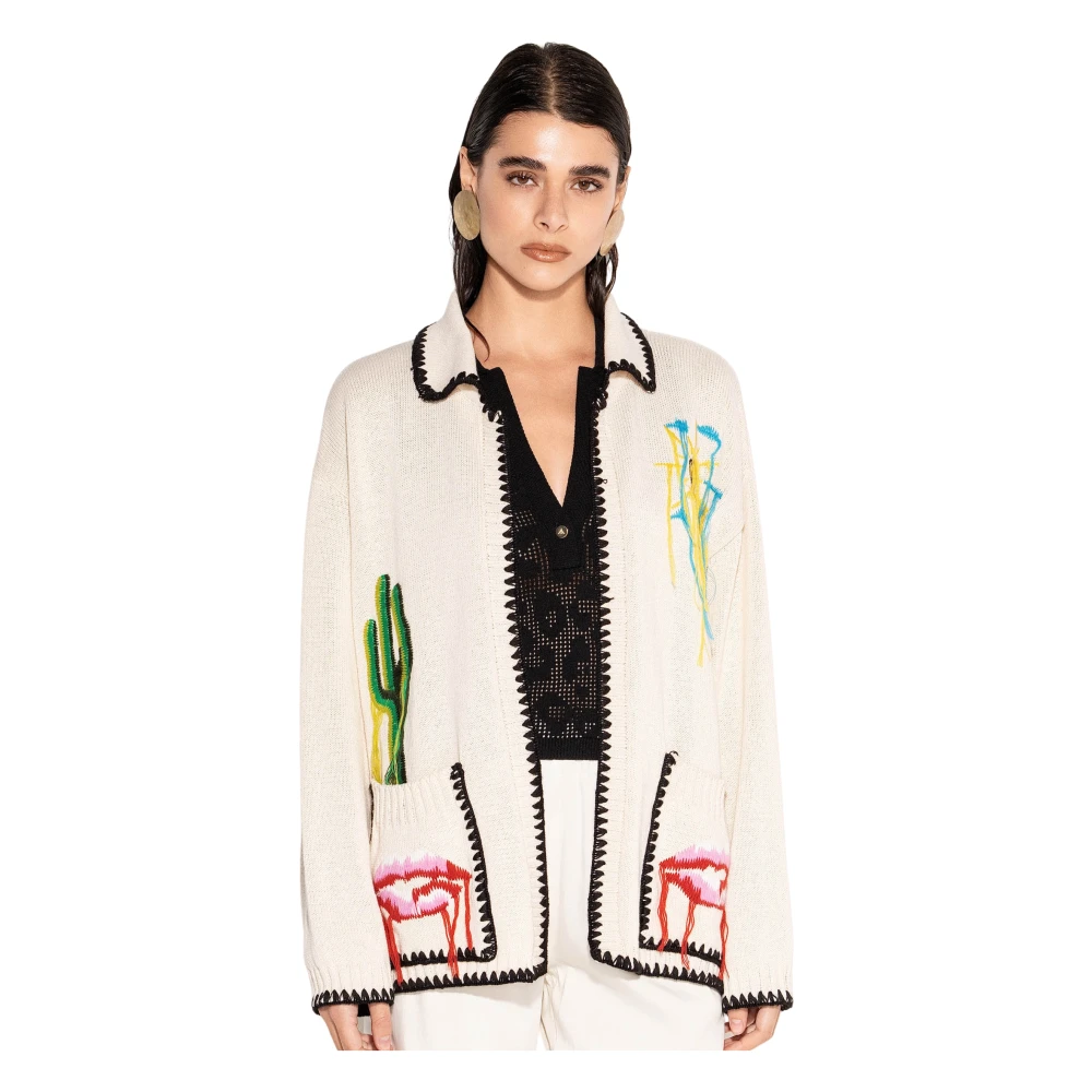 Akep Women's White Cardigan With Decorative Patches And Contrast Trim - Cardigans - M - Knitwear