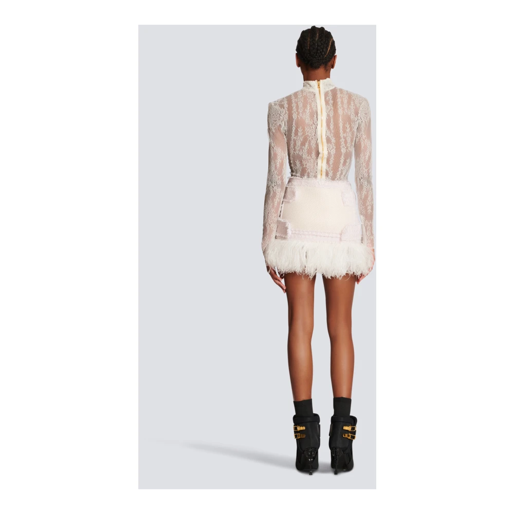 Balmain Korte veren rok in tweed en mesh Pink Dames