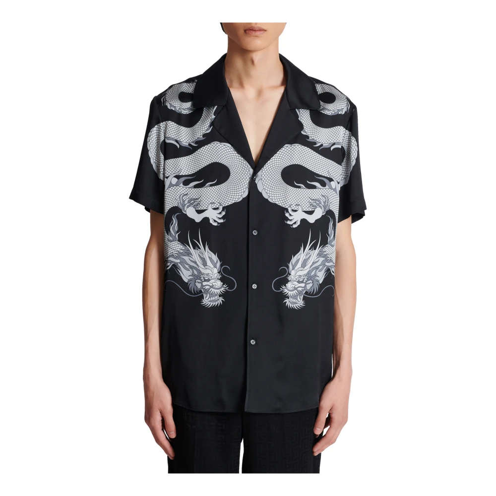 Balmain Korte satijnen overhemd met drakenprint Black Heren