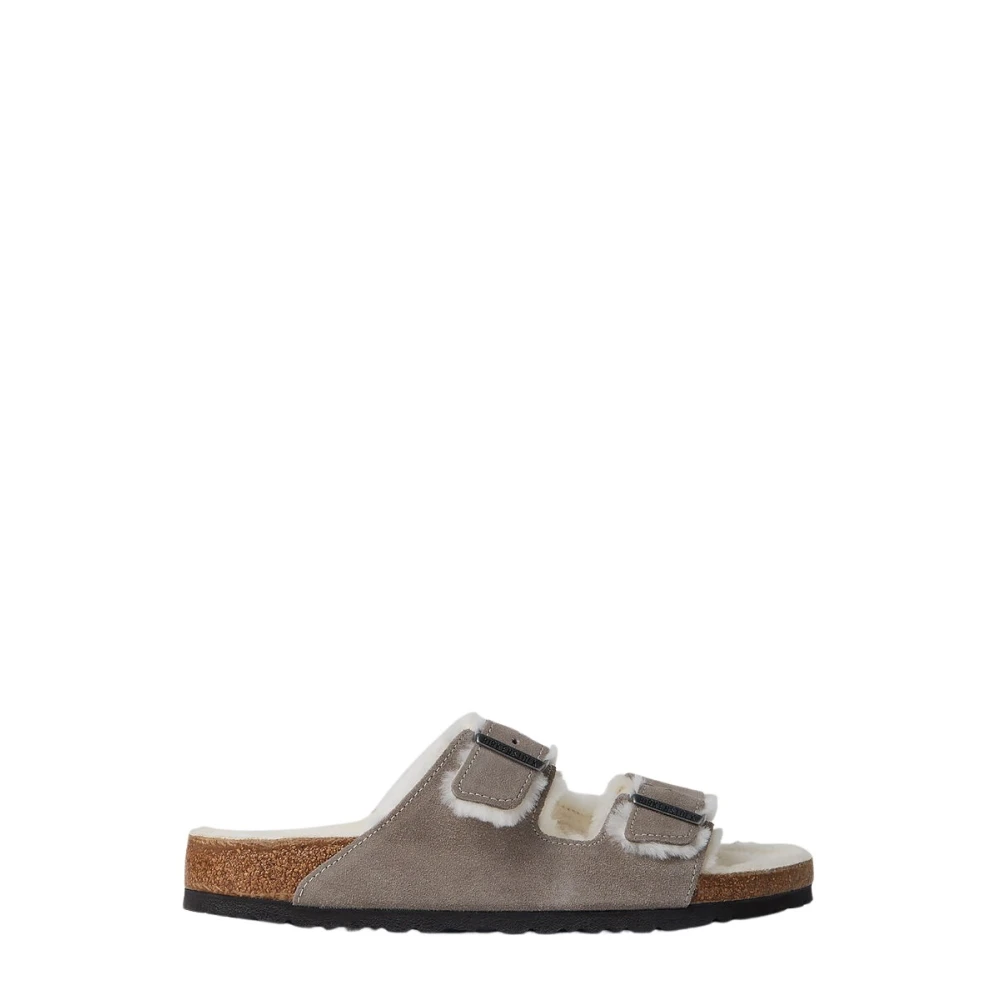 Birkenstock Men's Gray Shearling Two Strap Sandals - Sliders - 9 Uk - Shoes