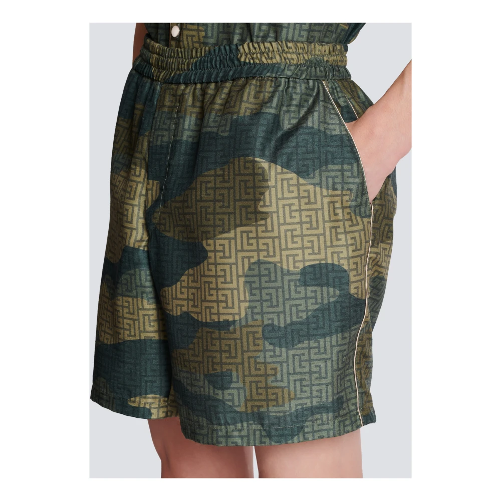 Balmain Camouflage monogrammed Shantung shorts Green Heren