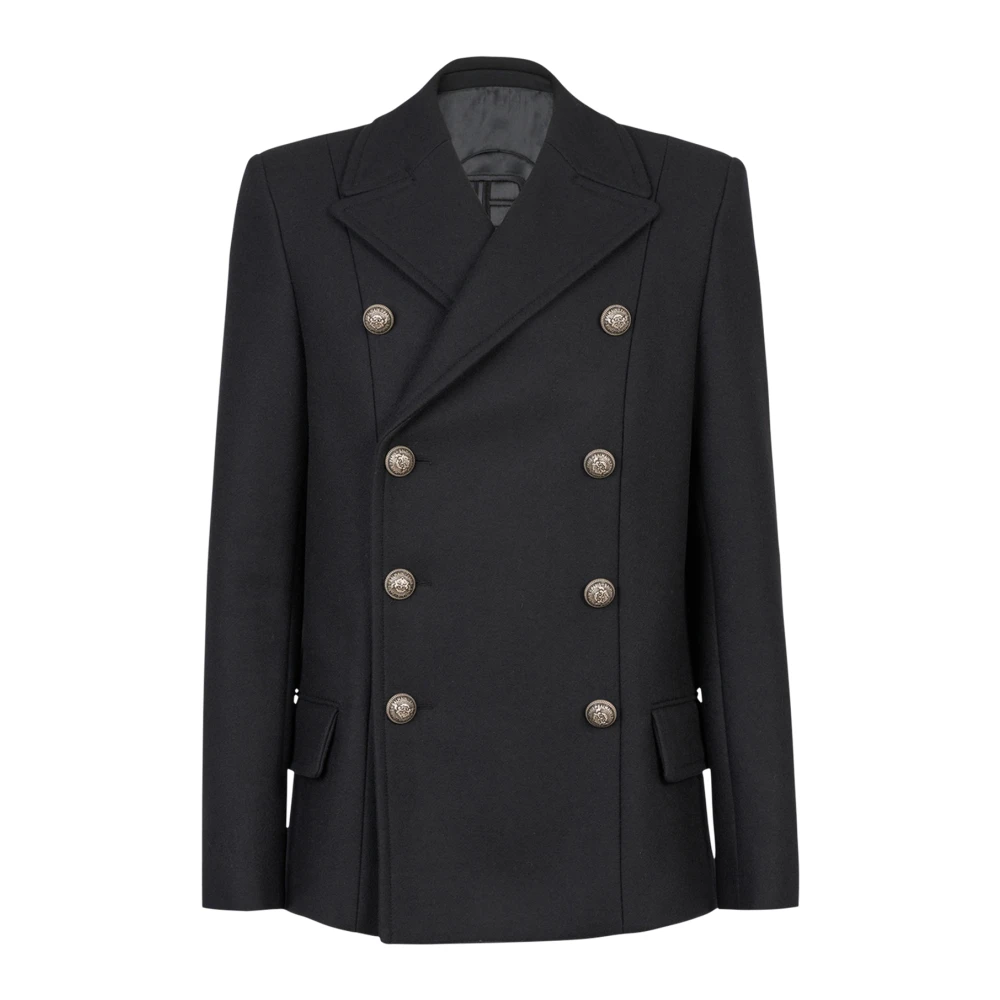 Balmain Wool pea coat with double-breasted silver-tone buttoned fastening Black, Herr