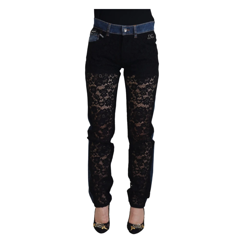 Dolce & Gabbana Bloemenkant Denim Jeans Black Dames