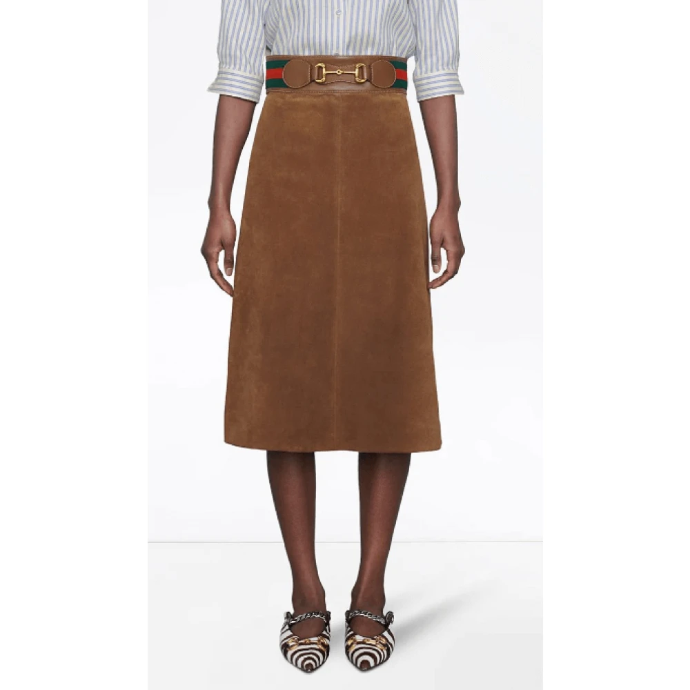 Gucci Suède Rok met Web en Horsebit Brown Dames