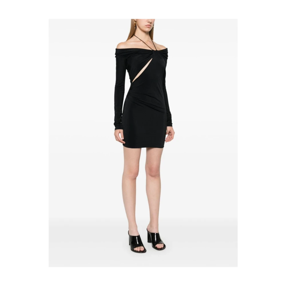 Amazuin Zwarte Satijnen Off Shoulder Mini Jurk Black Dames