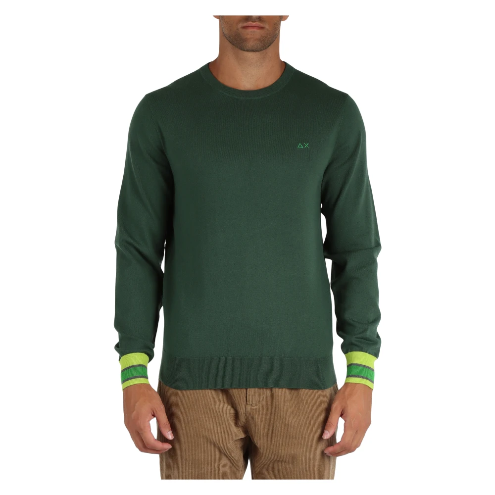 Sun68 Men's Green Merino Wool Cotton Jumper Contrast Cuffs - Round-Neck Knitwear - S - Knitwear