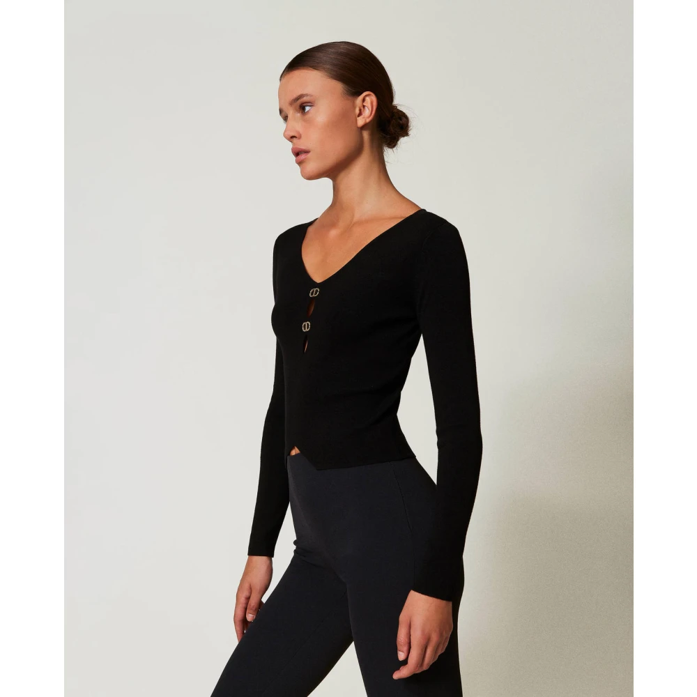 Twinset Omkeerbare zwarte truien met ovale T-metalen platen Black Dames