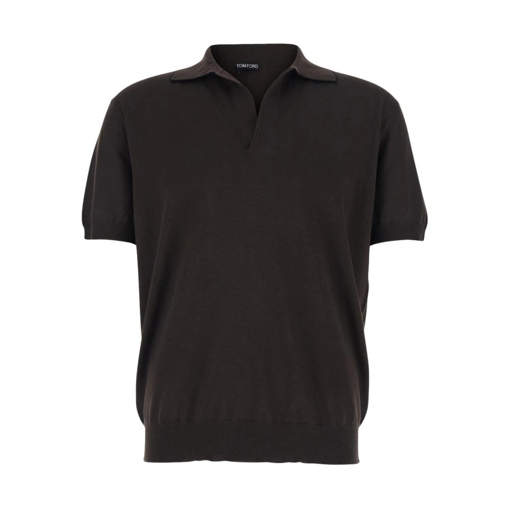 Tom Ford Men's Brown Polo Shirts, Xl, Cotton Silk Tipping Ss Buttonless Polo