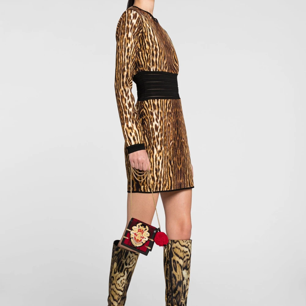Roberto Cavalli Ocelot-Print Mini Jurk met Gehaakte Randen Brown Dames