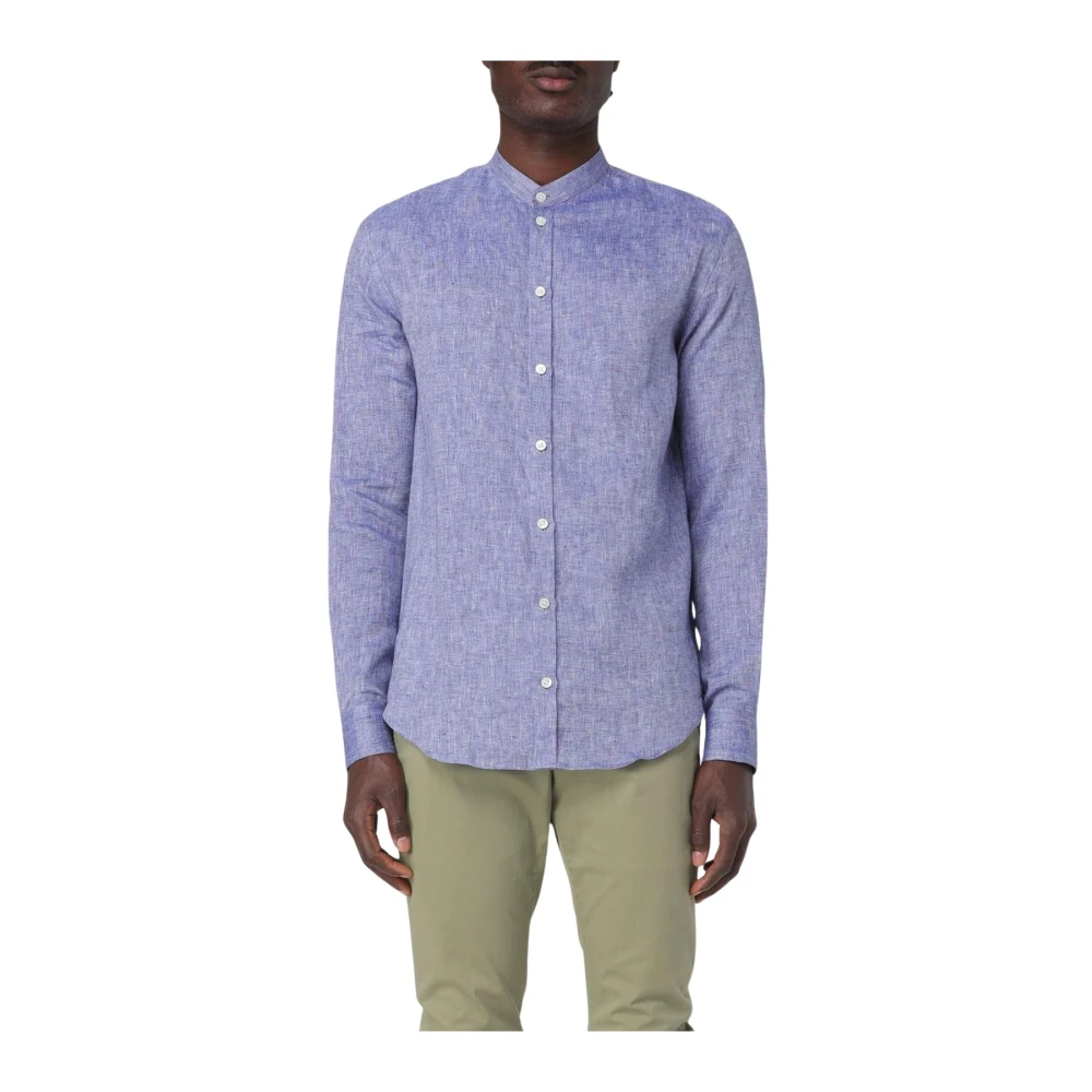 Emporio Armani Men's Blue Casual Shirts, S, Mandarin Collar Linen Shirt Stylish Choice