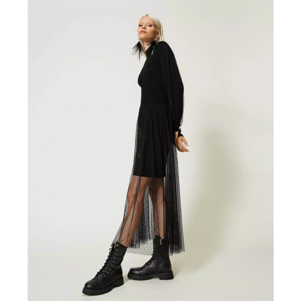 Twinset Lange Gebreide en Tule Jurk Black Dames