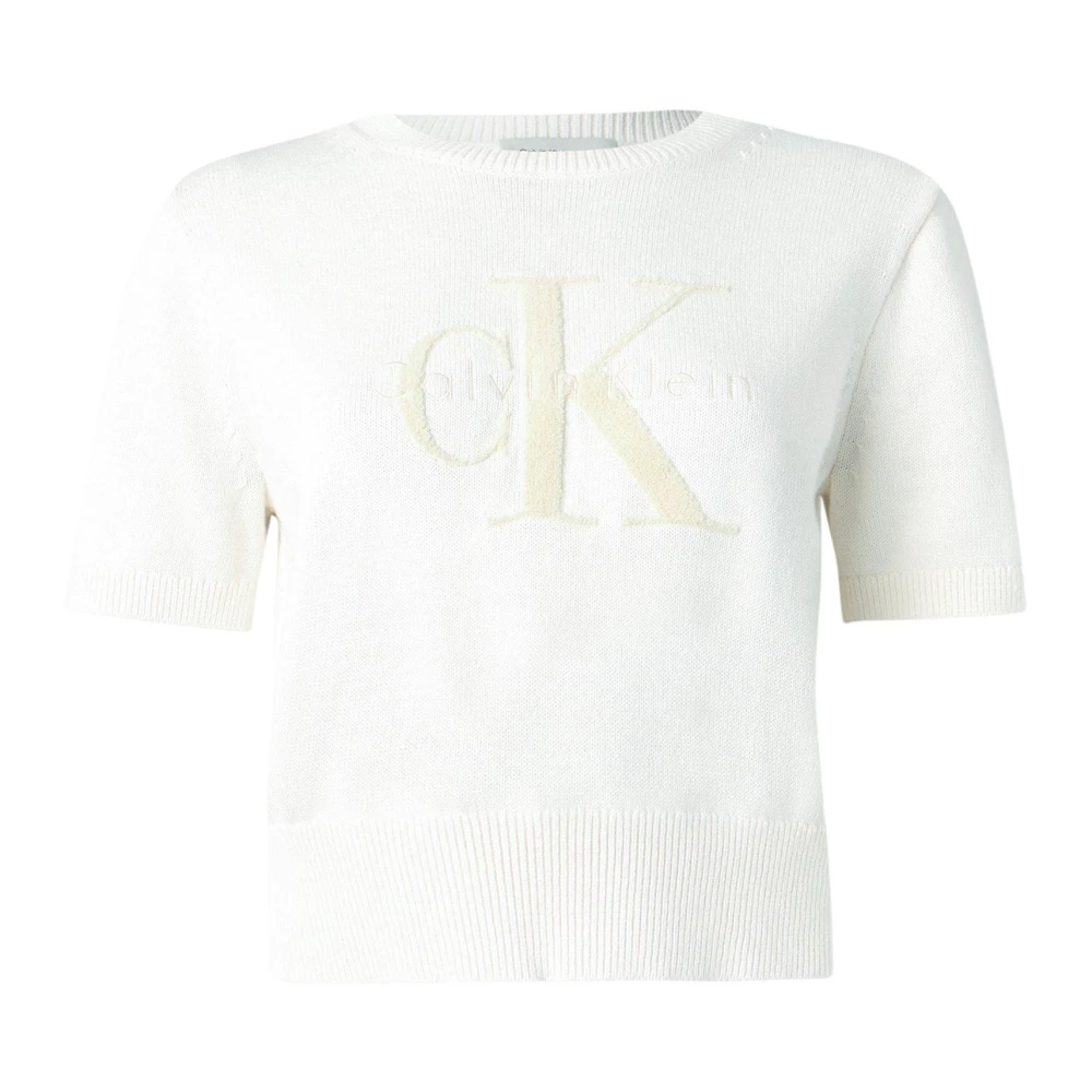 Calvin Klein Jeans Women's Beige Chunky Cotton Graphic Cropped Sweater