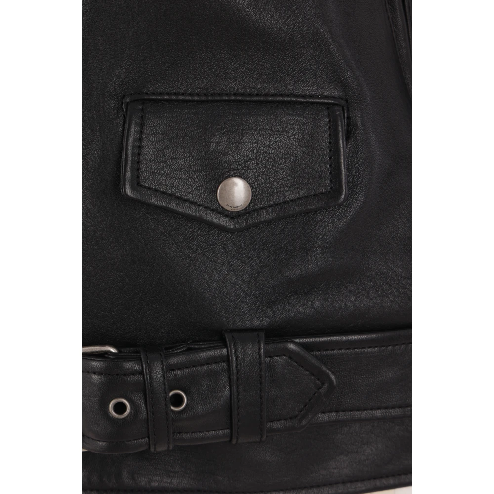Saint Laurent Zwarte Gewatteerde Biker Leren Jas Black Dames