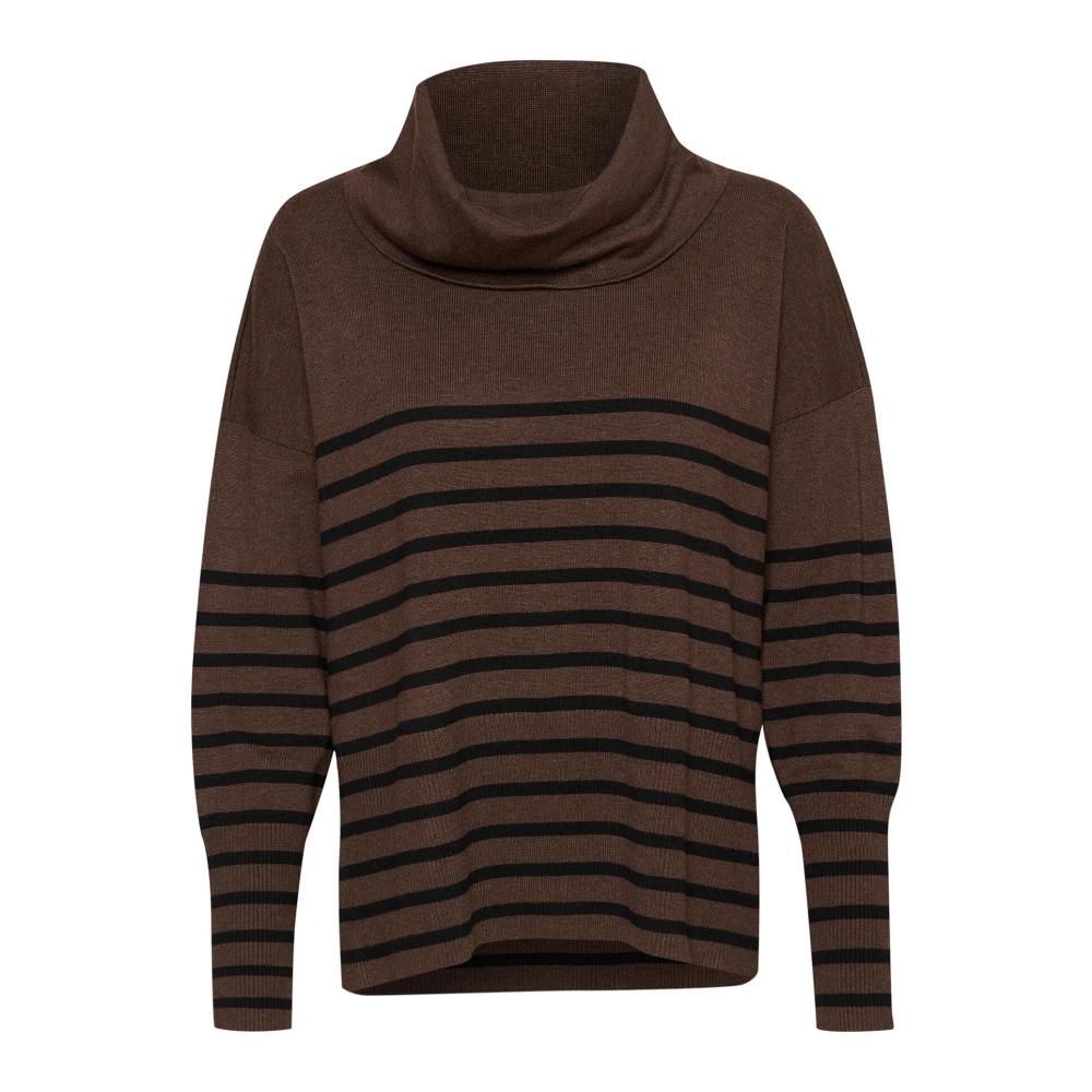 Saint Tropez Gestreepte Cowlneck Pullover Trui Donker Melange Brown Dames