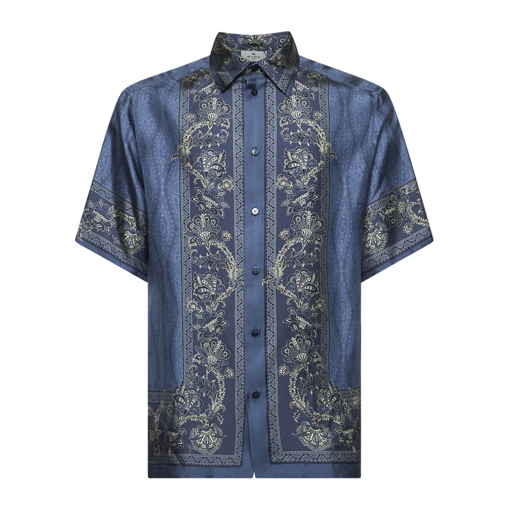 ETRO Blauwe Zijden Overhemd met Bloemmotieven Blue Heren