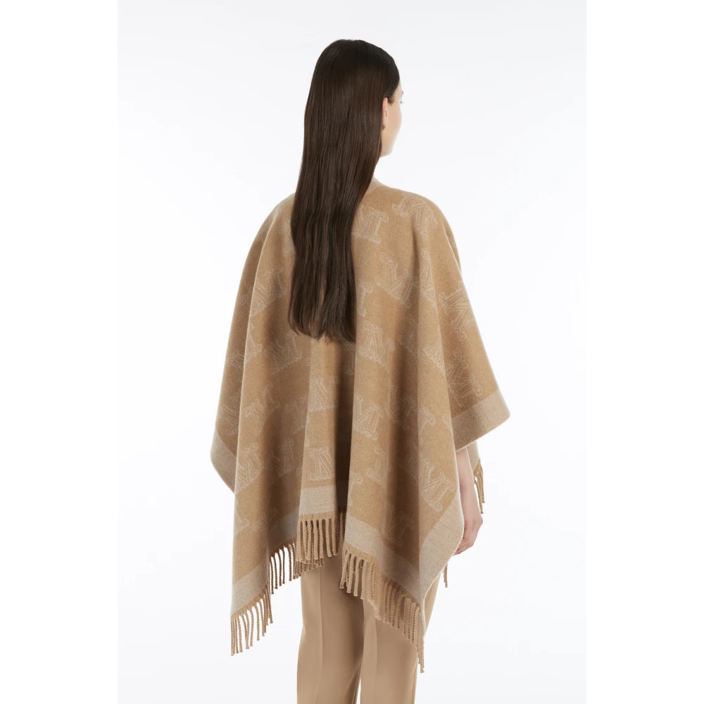 Max Mara Kameel Wol Jacquard Poncho Frine Brown Dames