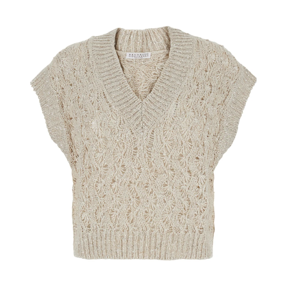Brunello Cucinelli Beige Silk And Linen V-Neck Vest - Female - V-Neck Knitwear - Xs - Knitwear