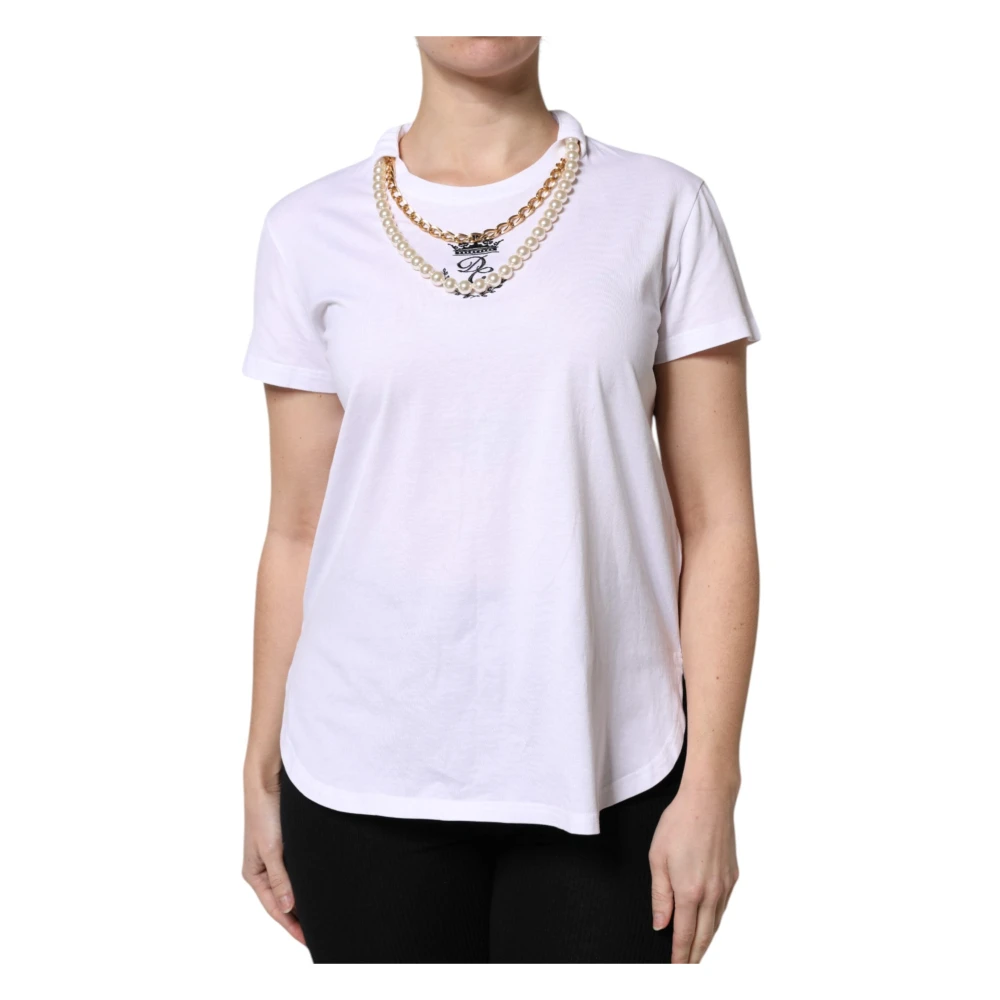 Dolce & Gabbana Vrouw Wit Tops Dames, S, Katoen, Te Ketting Parel Katoenen T-Shirt