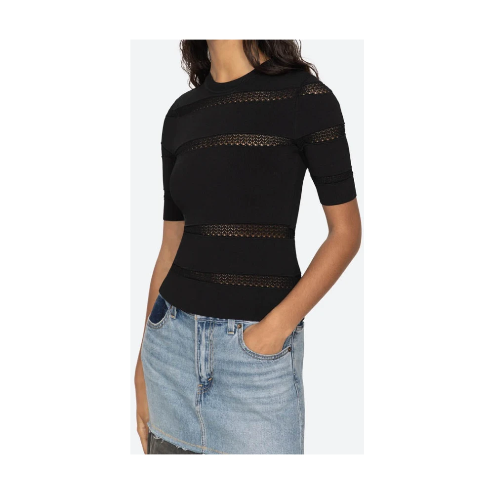 Sea NY Transparante Gebreide Korte Mouw Top Black Dames