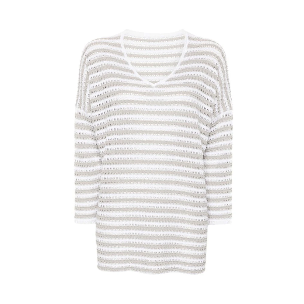 Le Tricot Perugia Gestreepte Linnen Katoen Trui Gray Dames