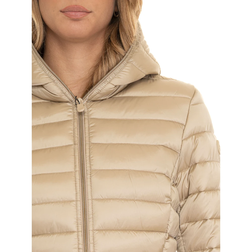 Save The Duck Gewatteerd Hooded Kort Jack met Armlogo Beige Dames